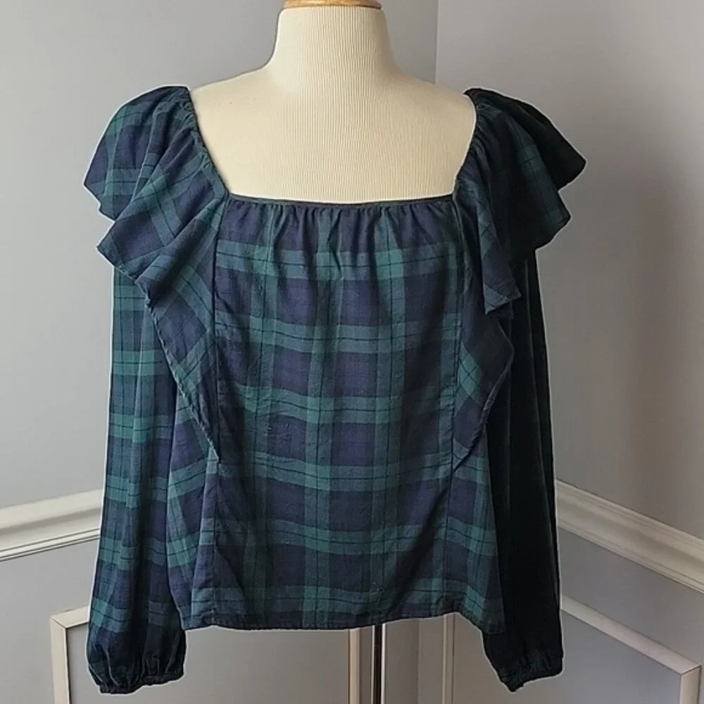 J.CREW Green Blue Tartan Plaid Square Neck Ruffle Long Sleeve Holiday‎ Blouse L